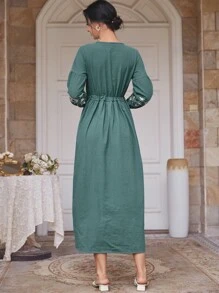 Al Najma 繫帶領圖案刺繡抽繩連衣裙 - 青碧色 - 查看 2