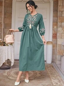 Al Najma 繫帶領圖案刺繡抽繩連衣裙 - 青碧色 - 查看 5