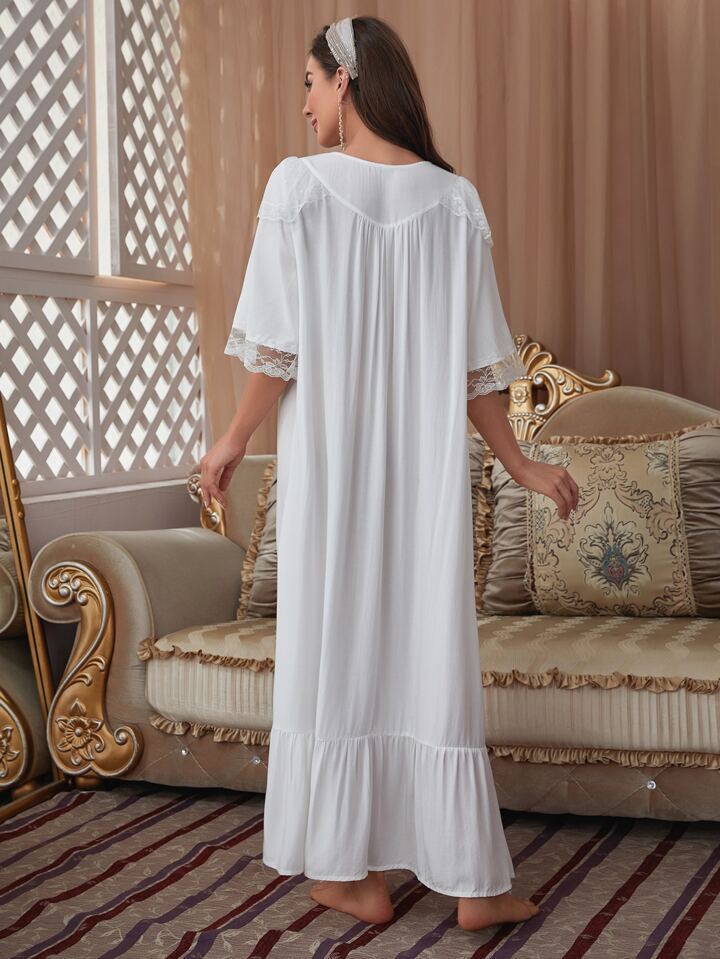 Our Lace Trim Button Front Ruffle Hem Sleep Dress Pajama Long Dress  Nightgown Luxe Loungewear, Moo Moo Sleep Dress is such a vibe - ROMWE