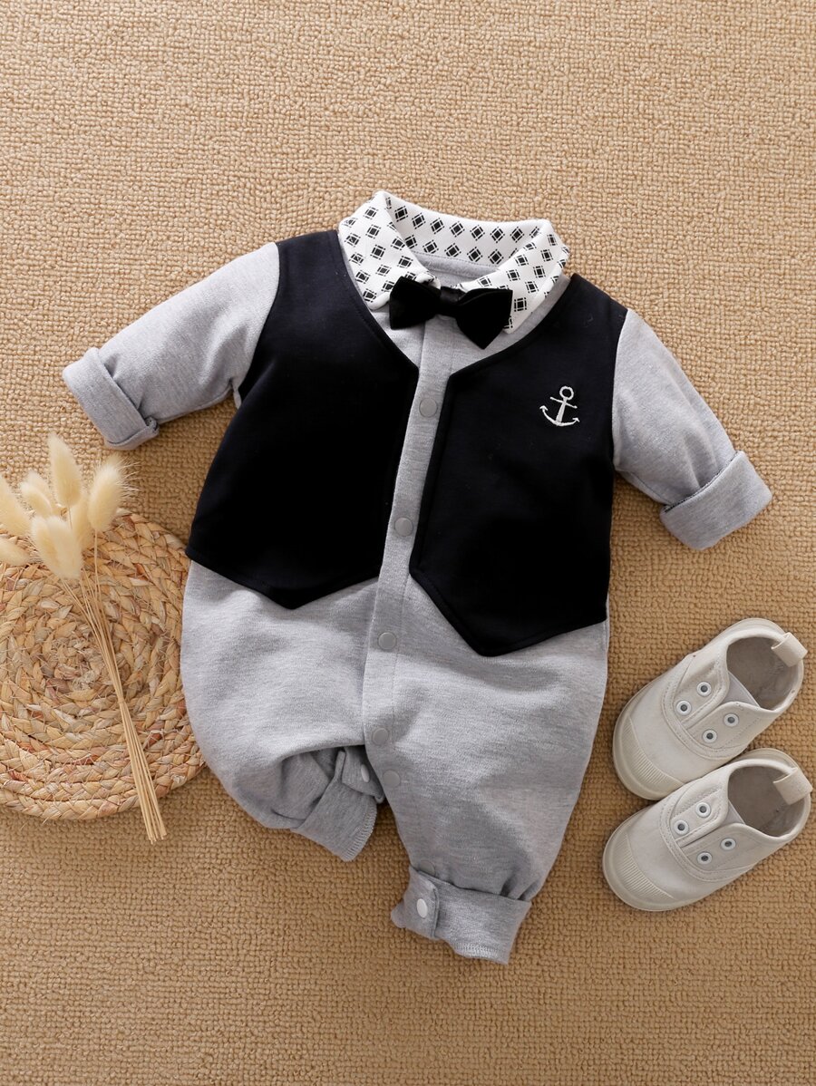 Yierying Baby Boy Geo Print Anchor Embroidery Bow 2 In 1 Jumpsuit - Multicolor - View 1