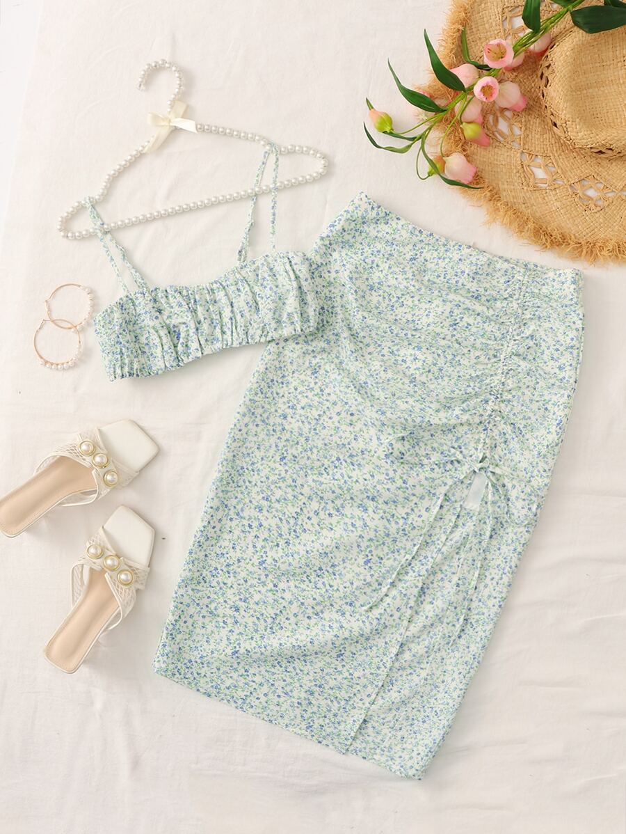 Soleia Ditsy Floral Print Crop Cami Top & Drawstring Ruched Split Thigh Skirt - Multicolor - View 1