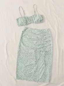 Soleia Ditsy Floral Print Crop Cami Top & Drawstring Ruched Split Thigh Skirt - Multicolor - View 3