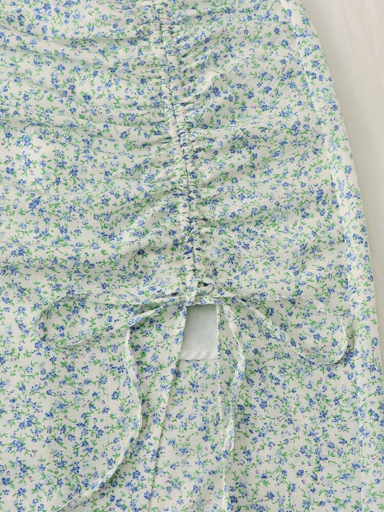 Soleia Ditsy Floral Print Crop Cami Top & Drawstring Ruched Split Thigh Skirt - Multicolor - View 4