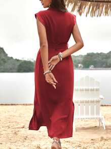 SHEIN LUNE Split Hem Belted Shirt Dress - Red - View 2