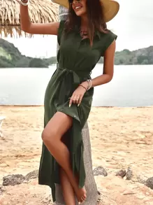 Breezaya Split Hem Belted Shirt Dress - Dark Green - View 1