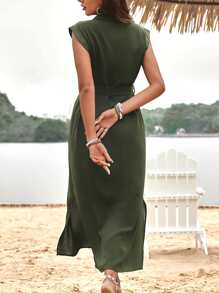 Breezaya Split Hem Belted Shirt Dress - Dark Green - View 2
