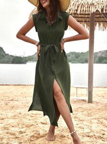 Breezaya Split Hem Belted Shirt Dress - Dark Green - View 4