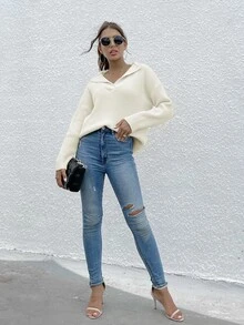 BTFBM 素色翻領落肩袖螺紋針織套頭毛衣 - 米色 - 查看 3