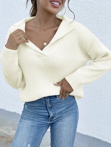 BTFBM 素色翻領落肩袖螺紋針織套頭毛衣 - 米色 - 查看 5