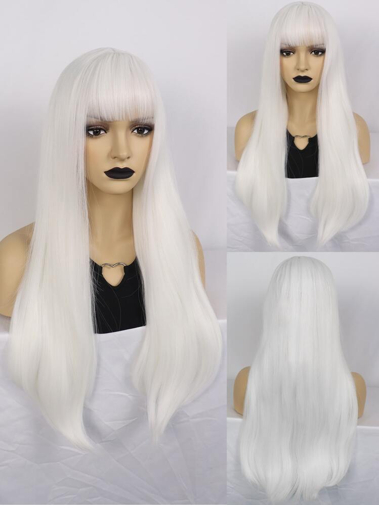 1 pieza Peluca sintética larga lisa con tupe & 1 pieza Gorro de peluca - Blanco - Añade 1