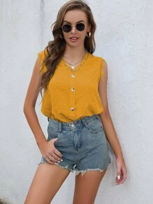 SHEIN Unity 圓點蕾絲拼接貝殼邊襯衫 - 黃色 - 查看 6