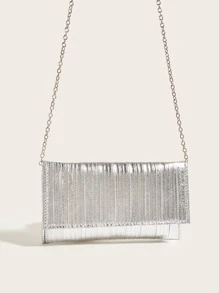 金屬質感褶邊拼塊翻蓋鏈條信封包 - 銀色 - 查看 5