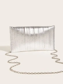金屬質感褶邊拼塊翻蓋鏈條信封包 - 銀色 - 查看 6
