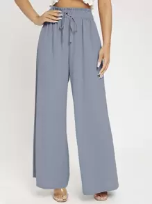 SHEIN PETITE Quần nữ Dây kéo Quần paper-bag màu trơn Boho - Màu xanh bụi bặm - Xem 2