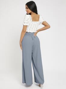 SHEIN PETITE Quần nữ Dây kéo Quần paper-bag màu trơn Boho - Màu xanh bụi bặm - Xem 3