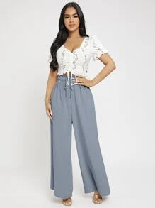 SHEIN PETITE Quần nữ Dây kéo Quần paper-bag màu trơn Boho - Màu xanh bụi bặm - Xem 4
