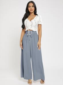 SHEIN PETITE Quần nữ Dây kéo Quần paper-bag màu trơn Boho - Màu xanh bụi bặm - Xem 5