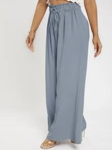 SHEIN PETITE Quần nữ Dây kéo Quần paper-bag màu trơn Boho - Màu xanh bụi bặm - Xem 6