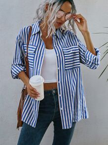 SHEIN LUNE Camisa de rayas con bolsillo con solapa de hombros caídos - Azul y blanco - Ver 1