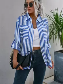 SHEIN LUNE Camisa de rayas con bolsillo con solapa de hombros caídos - Azul y blanco - Ver 3