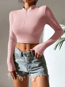 SHEIN Essnce 小高領半拉鏈短款T恤 - 藕粉色 - 查看 6