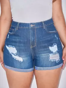 SHEIN Essnce Quần short denim oversized Bị tách - Rửa nhẹ - Xem 1
