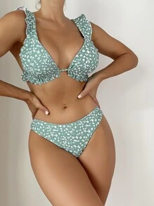 Ditsy Floral Frill Trim Bikini - Cadet Blue - View 1