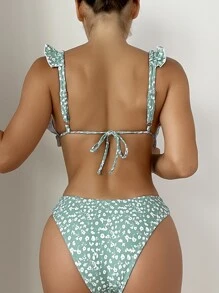 Ditsy Floral Frill Trim Bikini - Cadet Blue - View 2