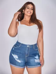 SHEIN Essnce Quần short denim oversized Bị tách - Rửa nhẹ - Xem 5