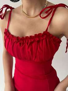Vestido de tirantes ribete fruncido pecho con fruncido - Rojo - Ver 3