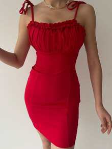 Vestido de tirantes ribete fruncido pecho con fruncido - Rojo - Ver 5