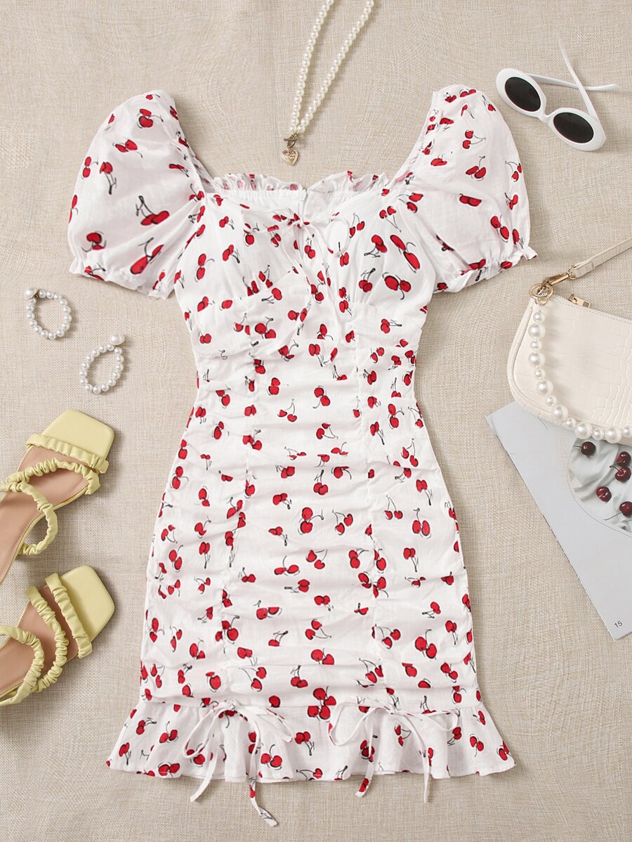 Soleia Vestido con estampado de cereza bajo con fruncido - Rojo y blanco - Ver 1