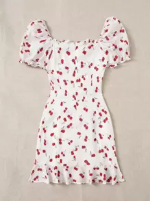 Soleia Vestido con estampado de cereza bajo con fruncido - Rojo y blanco - Ver 2