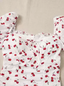 Soleia Vestido con estampado de cereza bajo con fruncido - Rojo y blanco - Ver 4