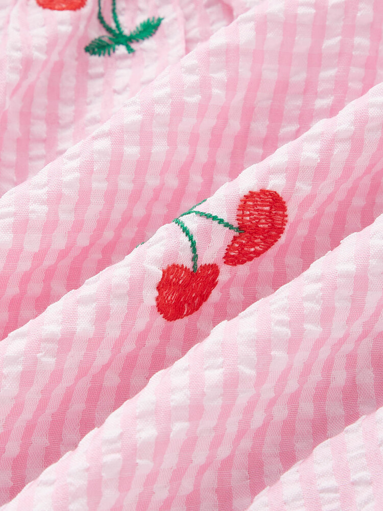 SHEIN MOD Gingham Cherry Embroidery Puff Sleeve Knot Front Ruffle Hem Dress - Multicolor - View 4