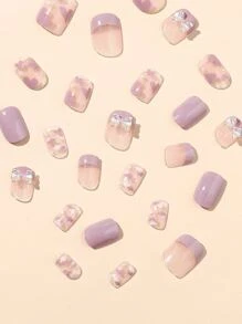 提升你風格帶24入組短方形丁香紫色法語心雲朵圖案蝴蝶結假指甲和1入組指甲銼和1張膠帶 - 彩色 - 查看 6