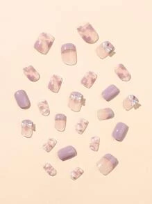 提升你風格帶24入組短方形丁香紫色法語心雲朵圖案蝴蝶結假指甲和1入組指甲銼和1張膠帶 - 彩色 - 查看 5