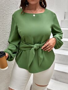 SHEIN Clasi Plus Knot Front Bishop Sleeve Blouse - Army Green - View 1