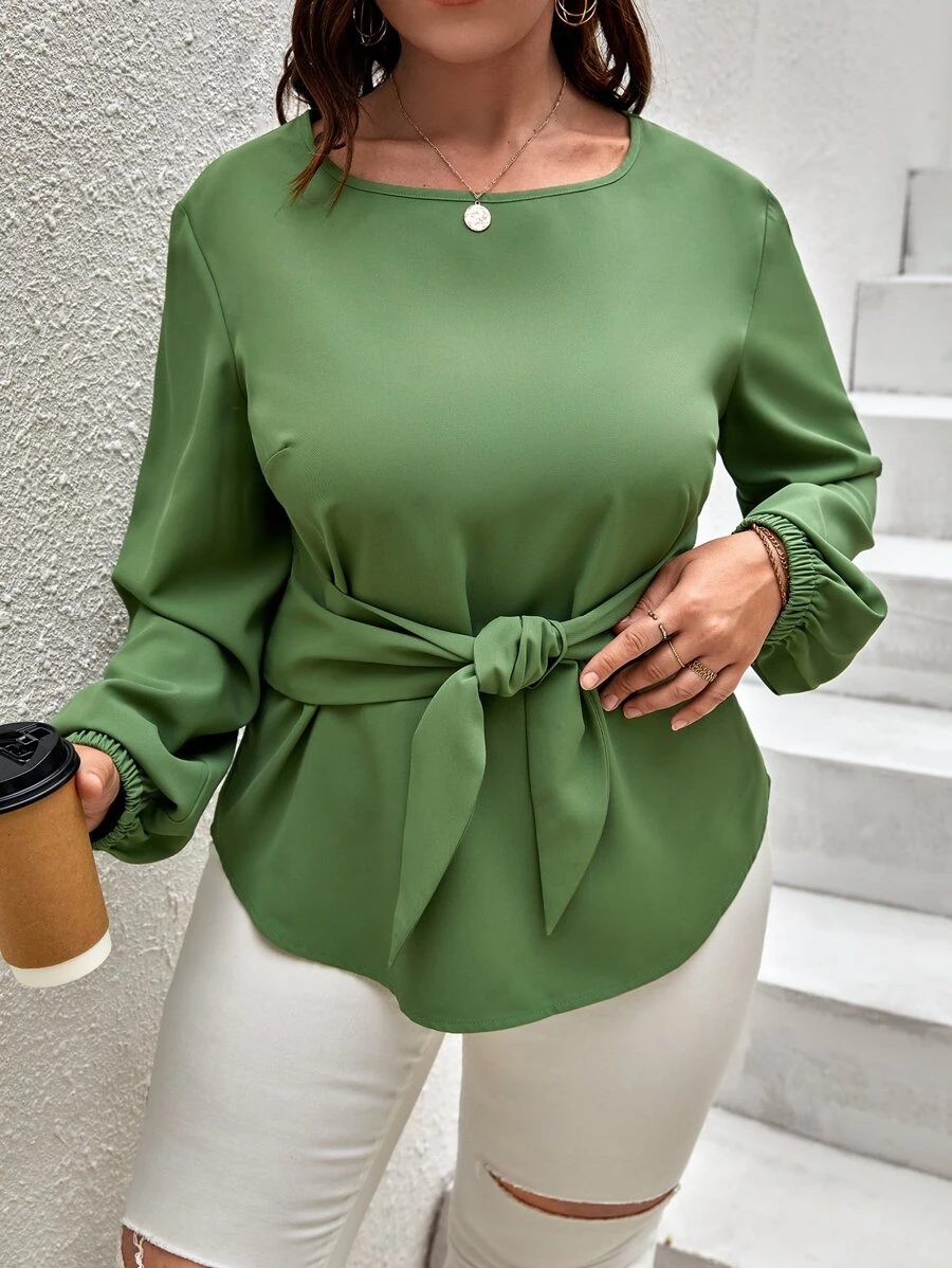 SHEIN Clasi Plus Knot Front Bishop Sleeve Blouse - Army Green - View 1