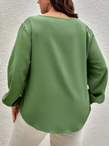 SHEIN Clasi Plus Knot Front Bishop Sleeve Blouse - Army Green - View 2