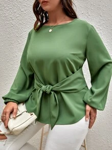 SHEIN Clasi Plus Knot Front Bishop Sleeve Blouse - Army Green - View 3