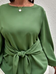SHEIN Clasi Plus Knot Front Bishop Sleeve Blouse - Army Green - View 4
