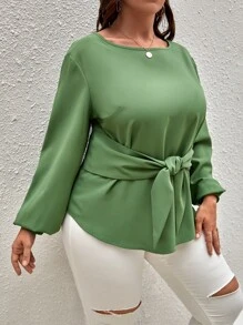 SHEIN Clasi Plus Knot Front Bishop Sleeve Blouse - Army Green - View 5