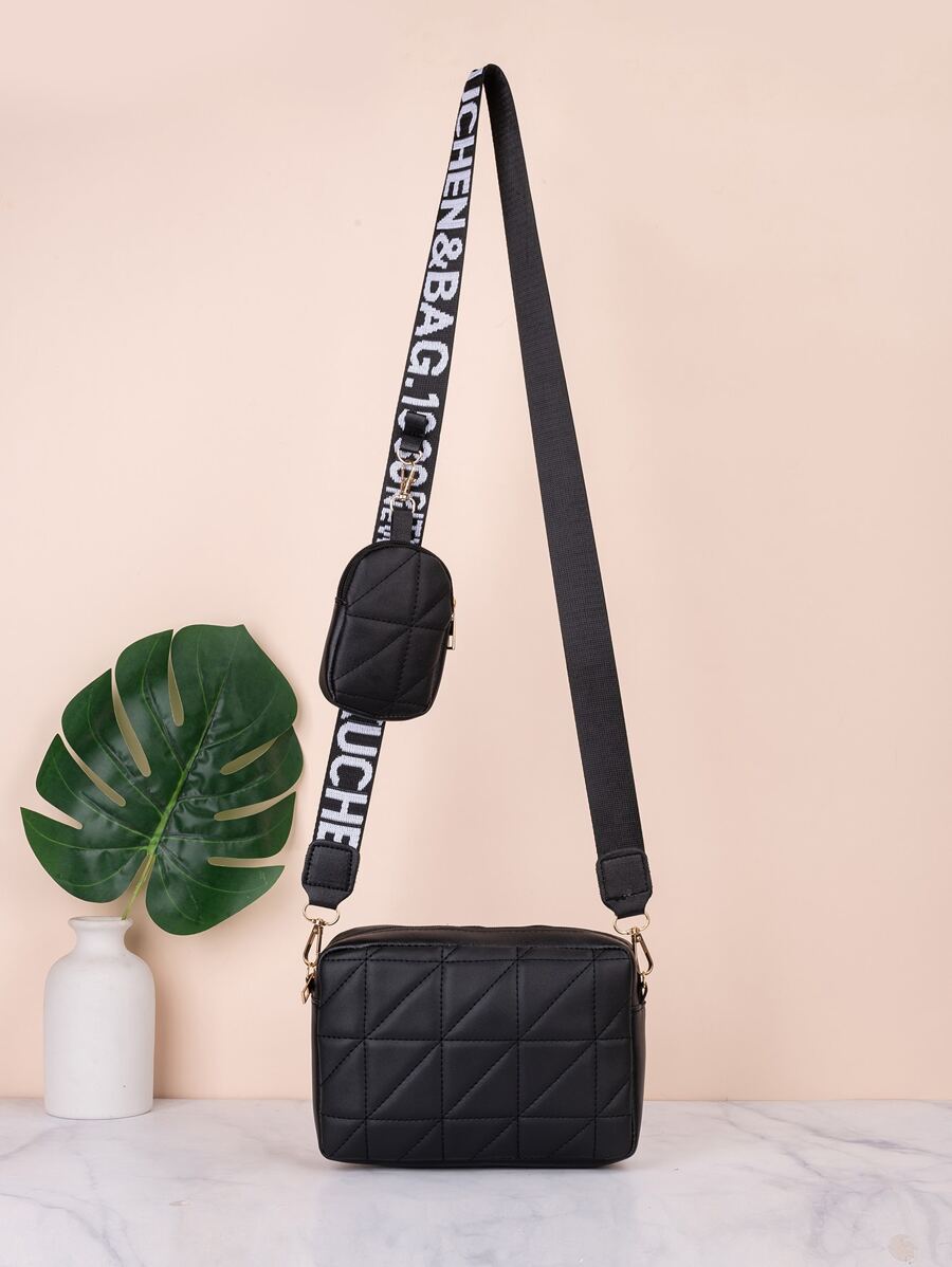 Quilted Detail Square Bag With Coin Purse Woman Black Mini Sling PU