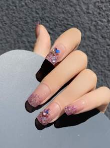 24pcs Glitter Fake Nail & 1sheet Nail Tape & 1pc Nail File - Pink - View 1