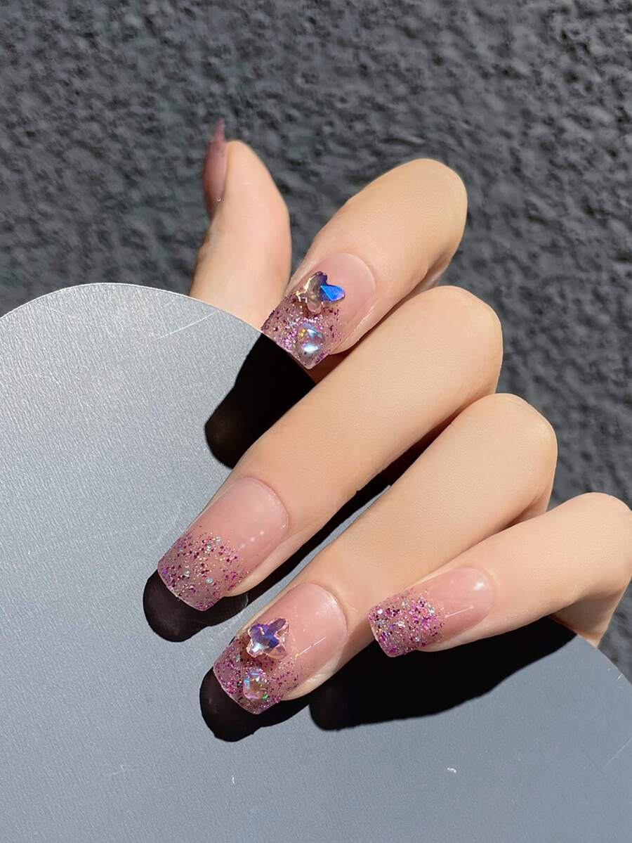 24pcs Glitter Fake Nail & 1sheet Nail Tape & 1pc Nail File - Pink - View 1