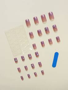 24pcs Glitter Fake Nail & 1sheet Nail Tape & 1pc Nail File - Pink - View 2