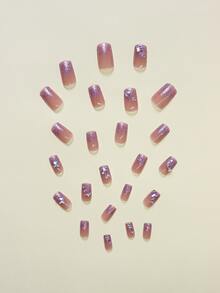 24pcs Glitter Fake Nail & 1sheet Nail Tape & 1pc Nail File - Pink - View 3