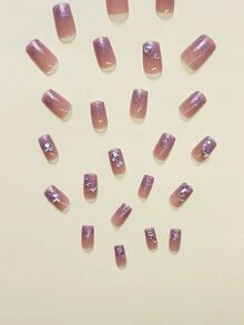 24pcs Glitter Fake Nail & 1sheet Nail Tape & 1pc Nail File - Pink - View 4