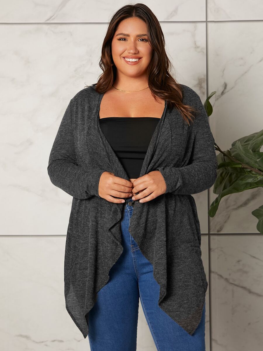 SHEIN LUNE Áo khoác cỡ lớn Bất đối xứng màu trơn Giải trí - Màu xám đen - Xem 1